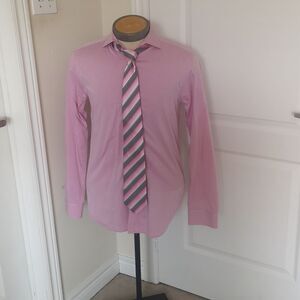 Strauss Men Button Down Shirt & Tie Combo Tie 100% Silk 14.5 Pink
